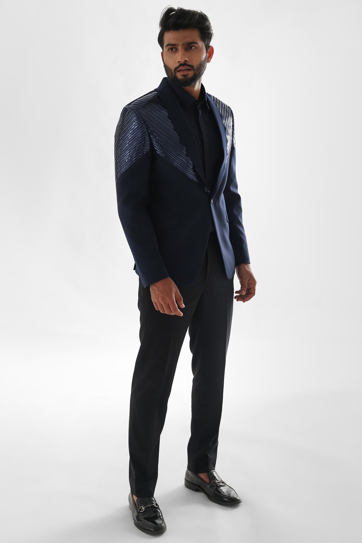 Blue Metallic Strip Tuxedo Set