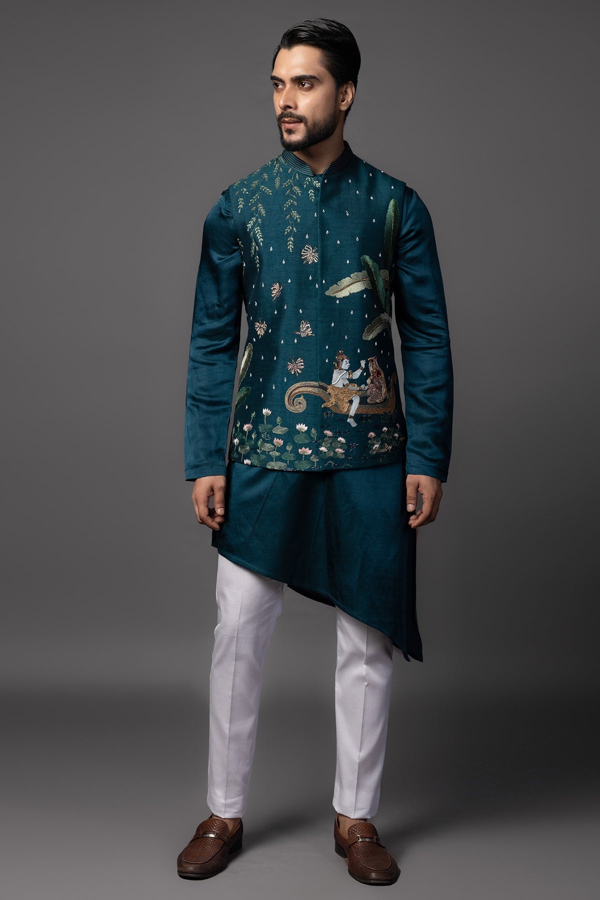 Buy Blue Milan Embroidery Kurta Set for men by Paarsh Atelier online available at scrollnshops