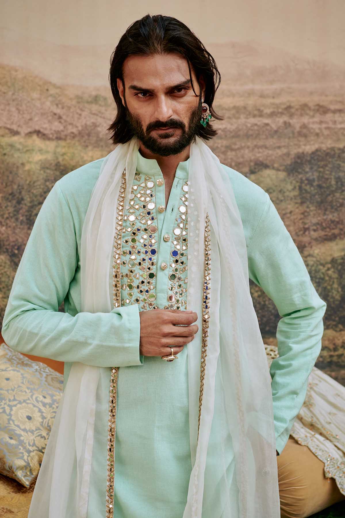 Blue Mirror Kurta Set & Stole