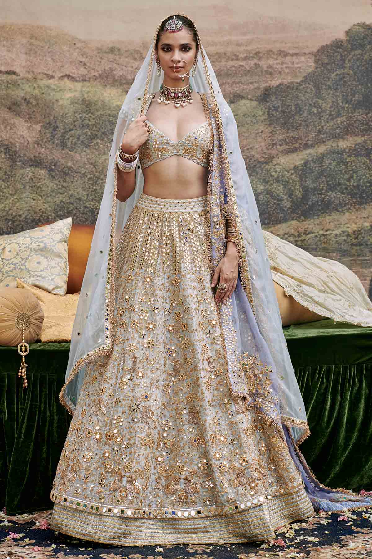 ITRH Blue Mirror Lehenga Set & Veil for women online at ScrollnShops