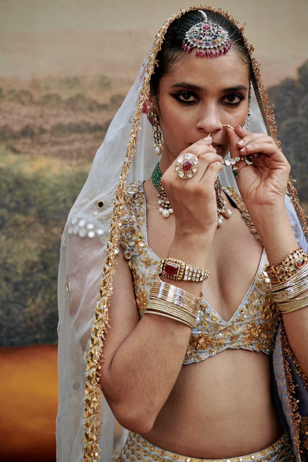 Blue Mirror Lehenga Set & Veil