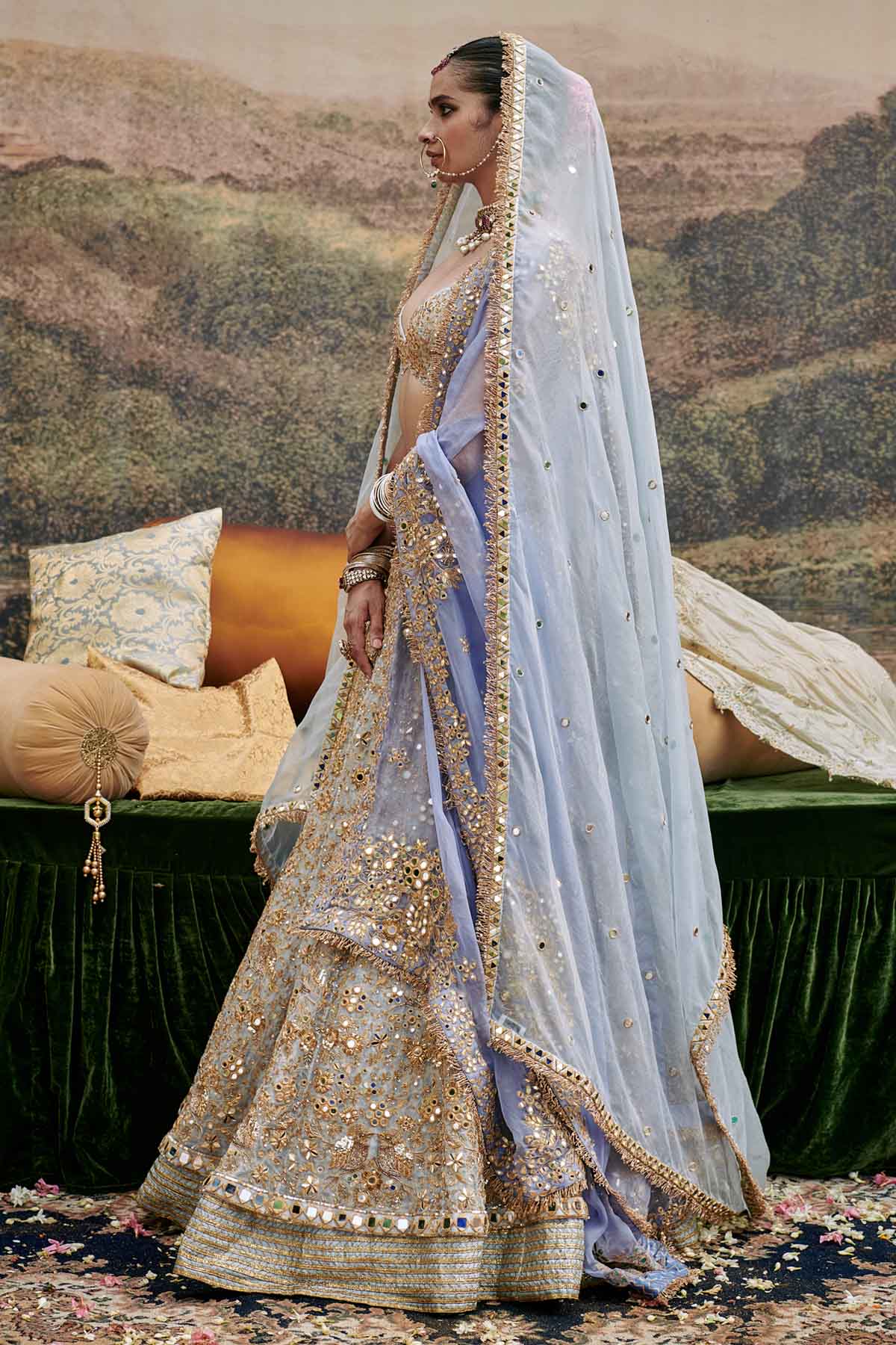Blue Mirror Lehenga Set & Veil