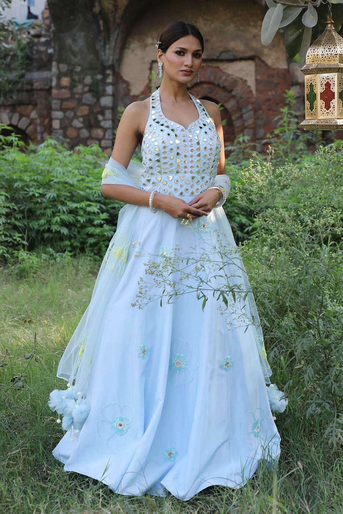 Blue Mirror Work Anarkali Set