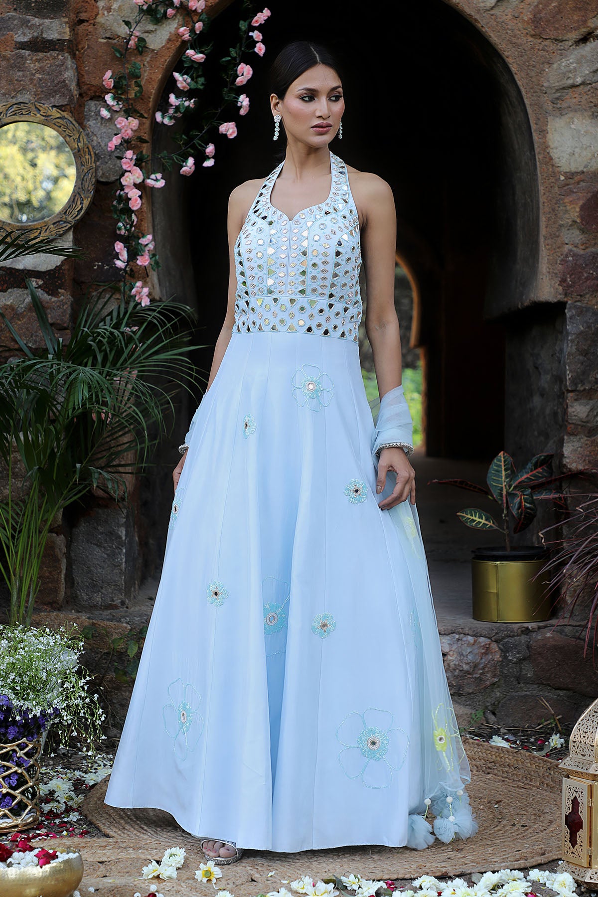 Blue Mirror Work Anarkali Set