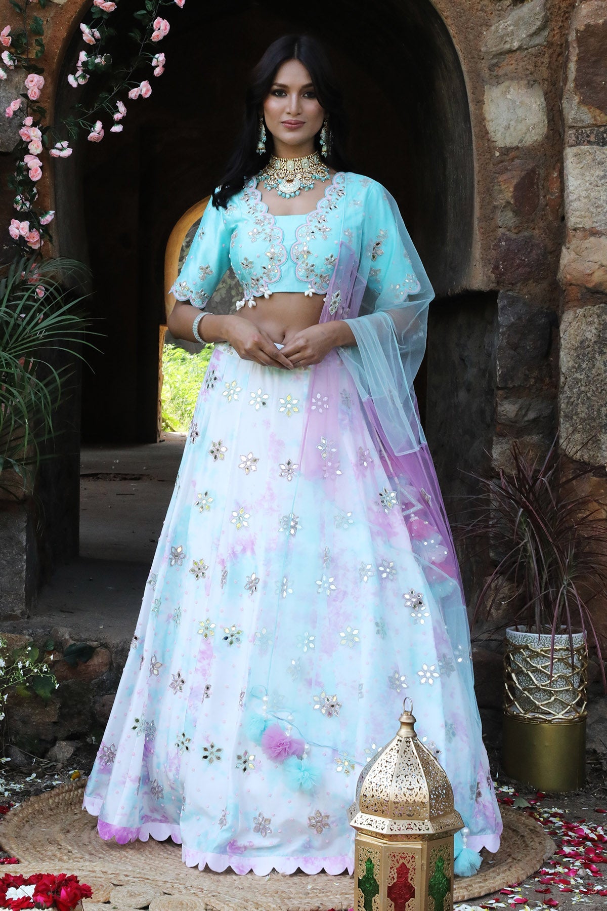 Buy Blue Mirror Work Lehenga Set by Nitisha Kashyap for women online at ScrollnShops