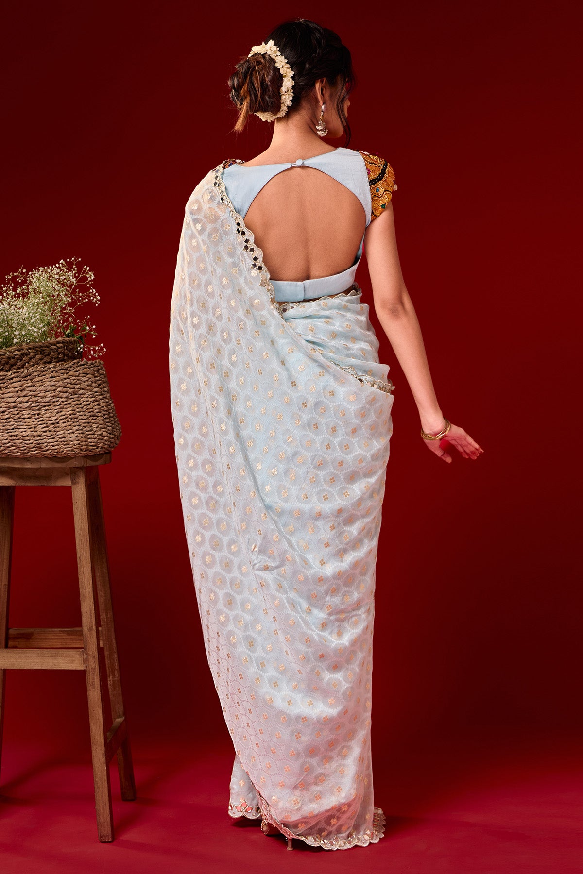 Blue Mirror Work Saree & Blouse