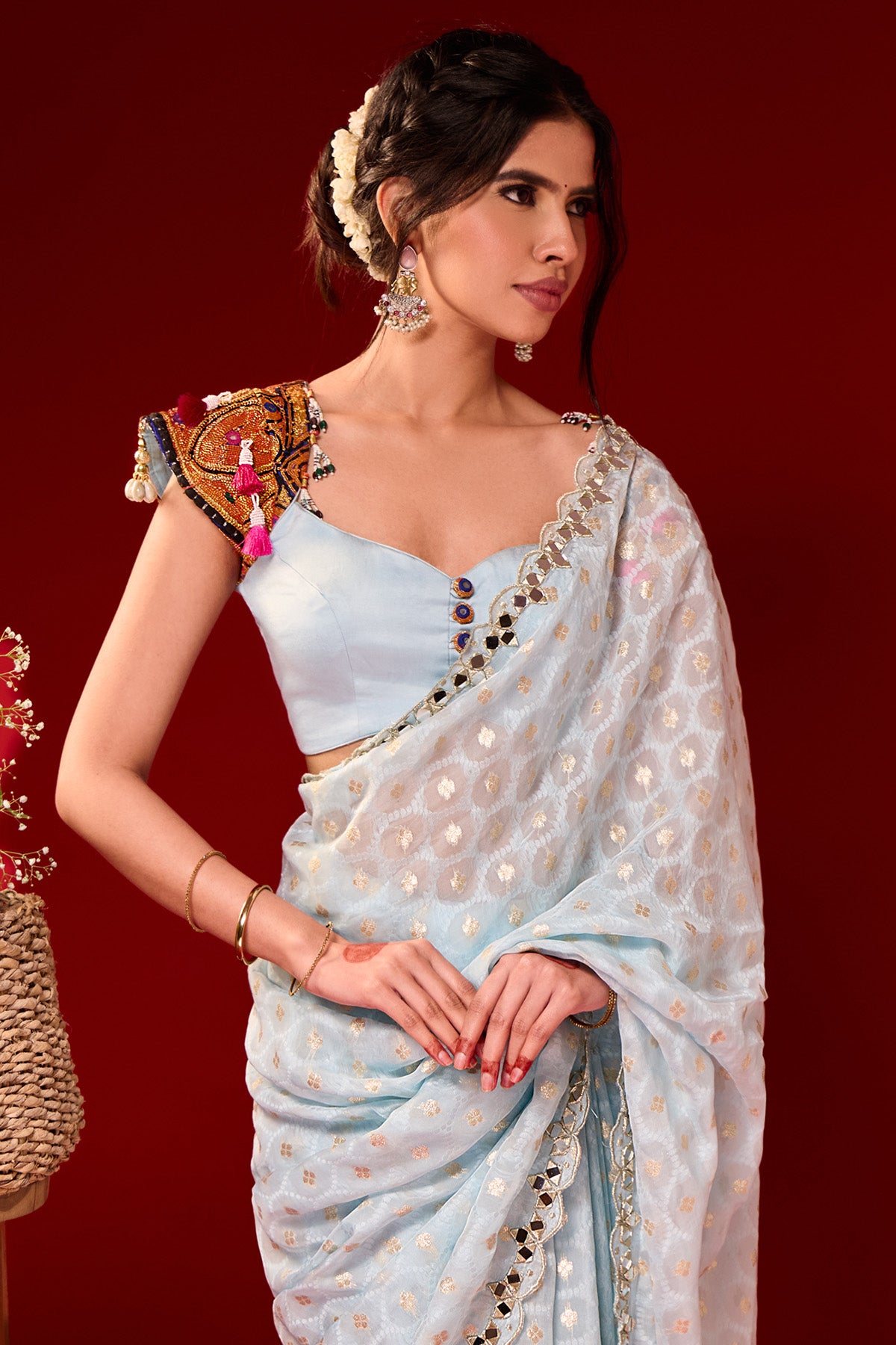 Blue Mirror Work Saree & Blouse