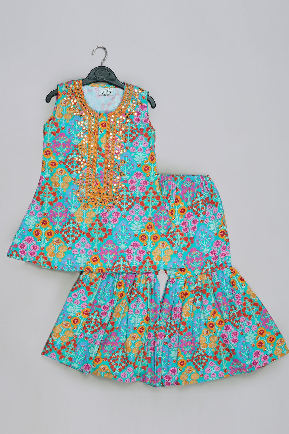 Buy Blue Mirror Work Sharara Set for Kids by Little Brats Designer online available at scrollnshops