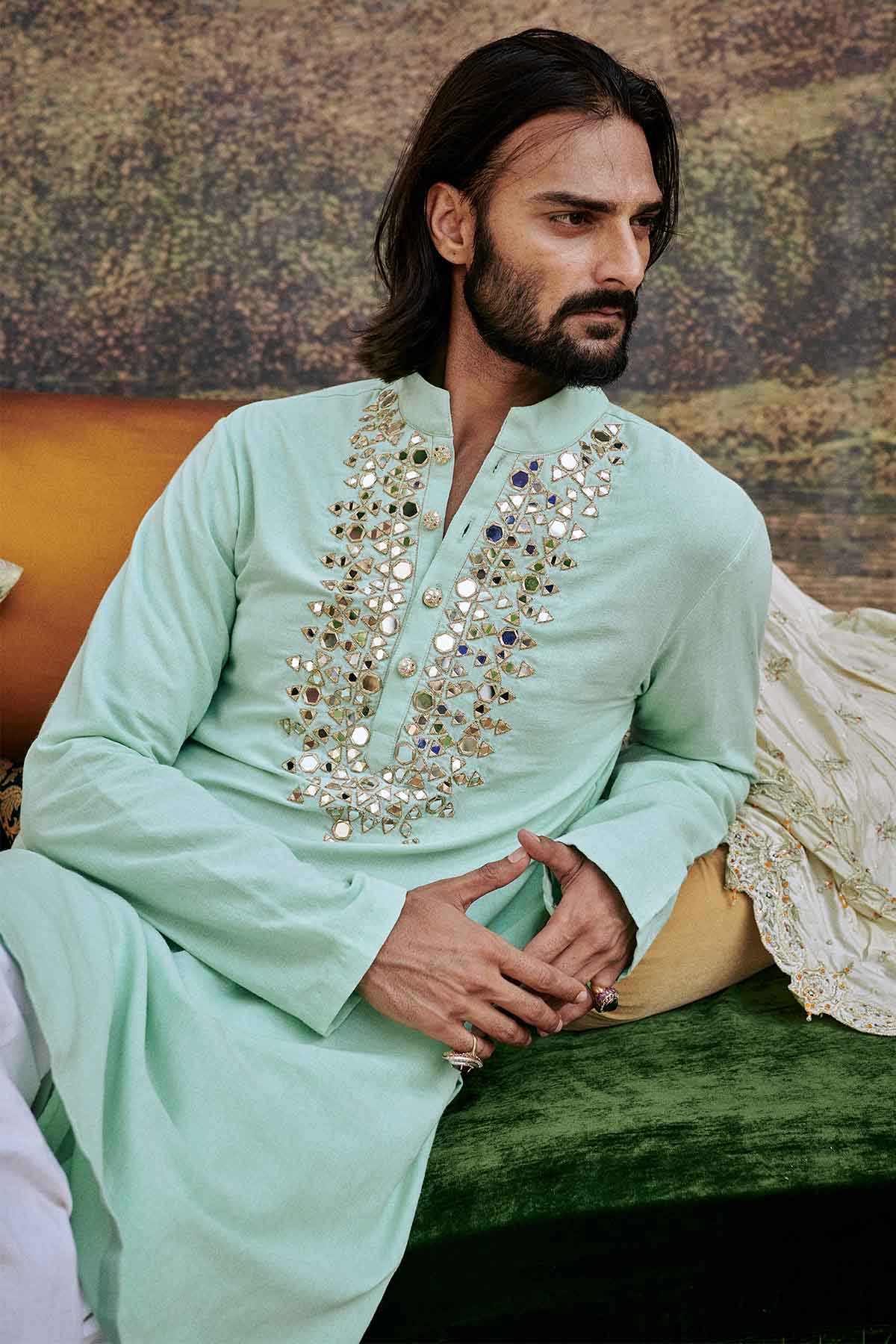 Blue Mirror Work Yoke Kurta Set