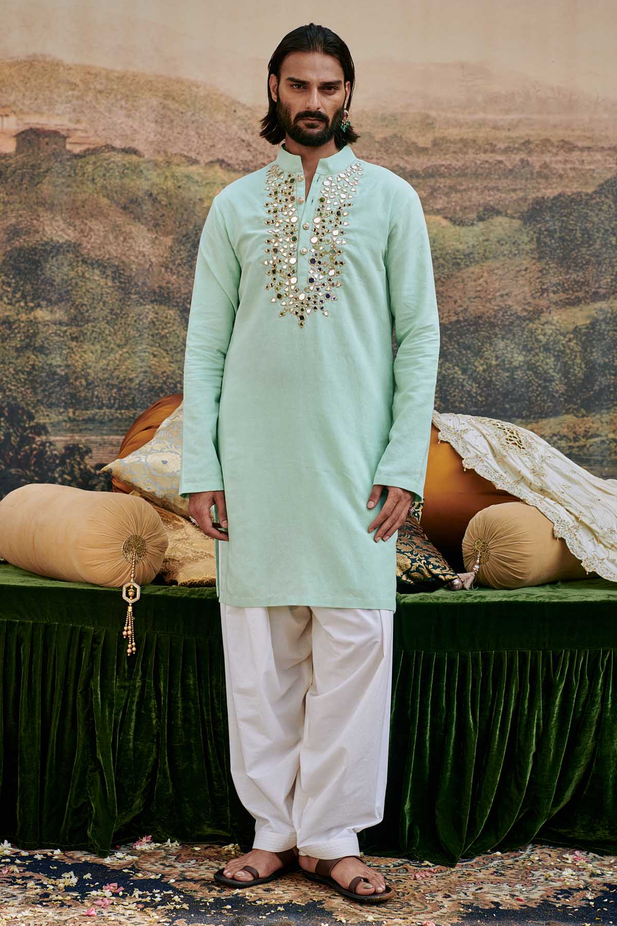 Buy ITRH, Designer Blue Mirror Work Yoke Kurta Set Online