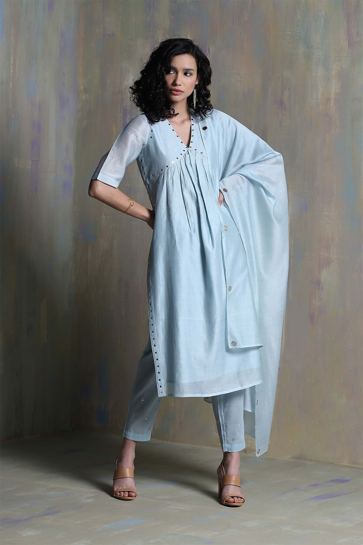 Buy Mirror Work Yoke Blue Kurta Set by Charkhee for women online at ScrollnShops