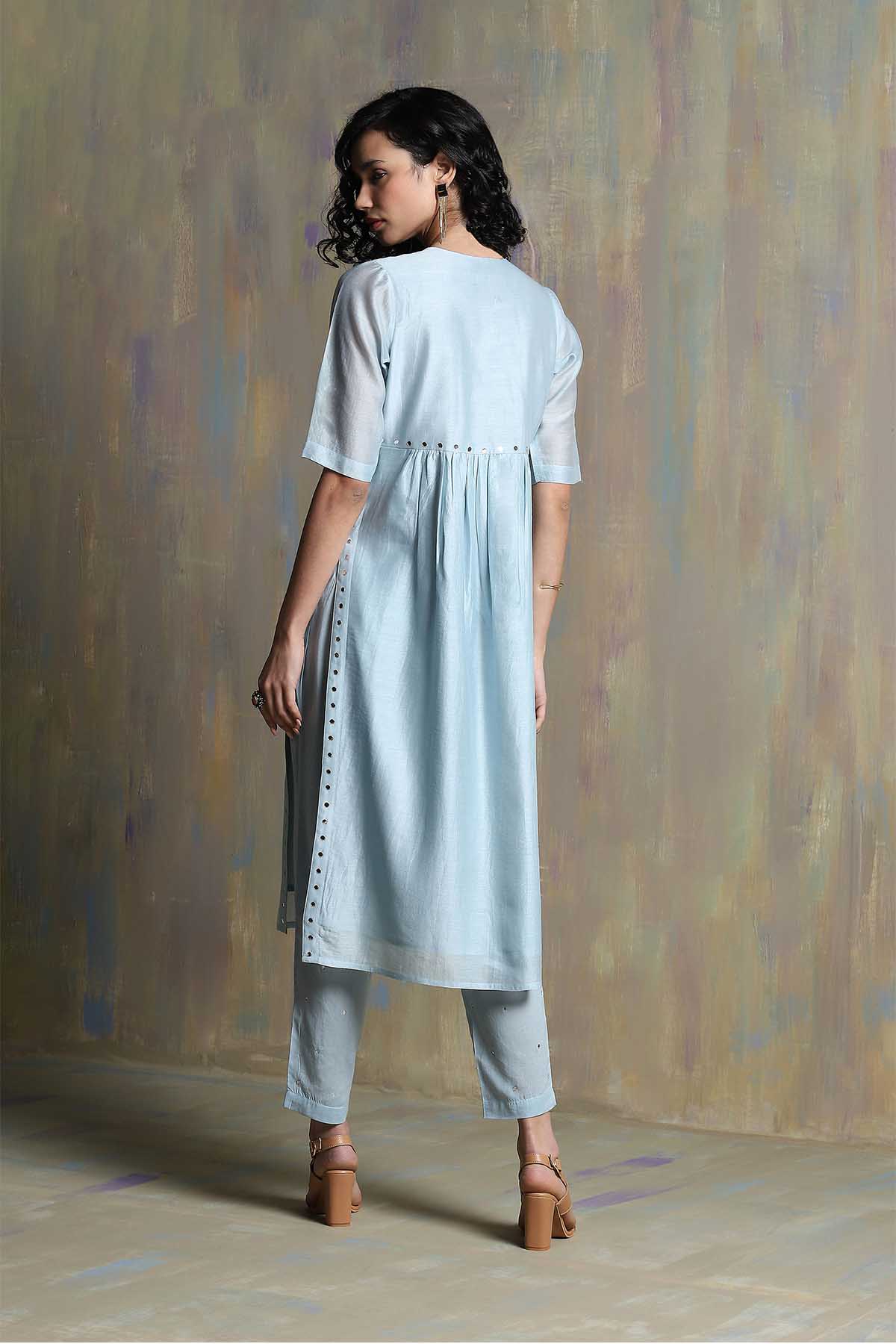 Mirror Work Yoke Blue Kurta Set