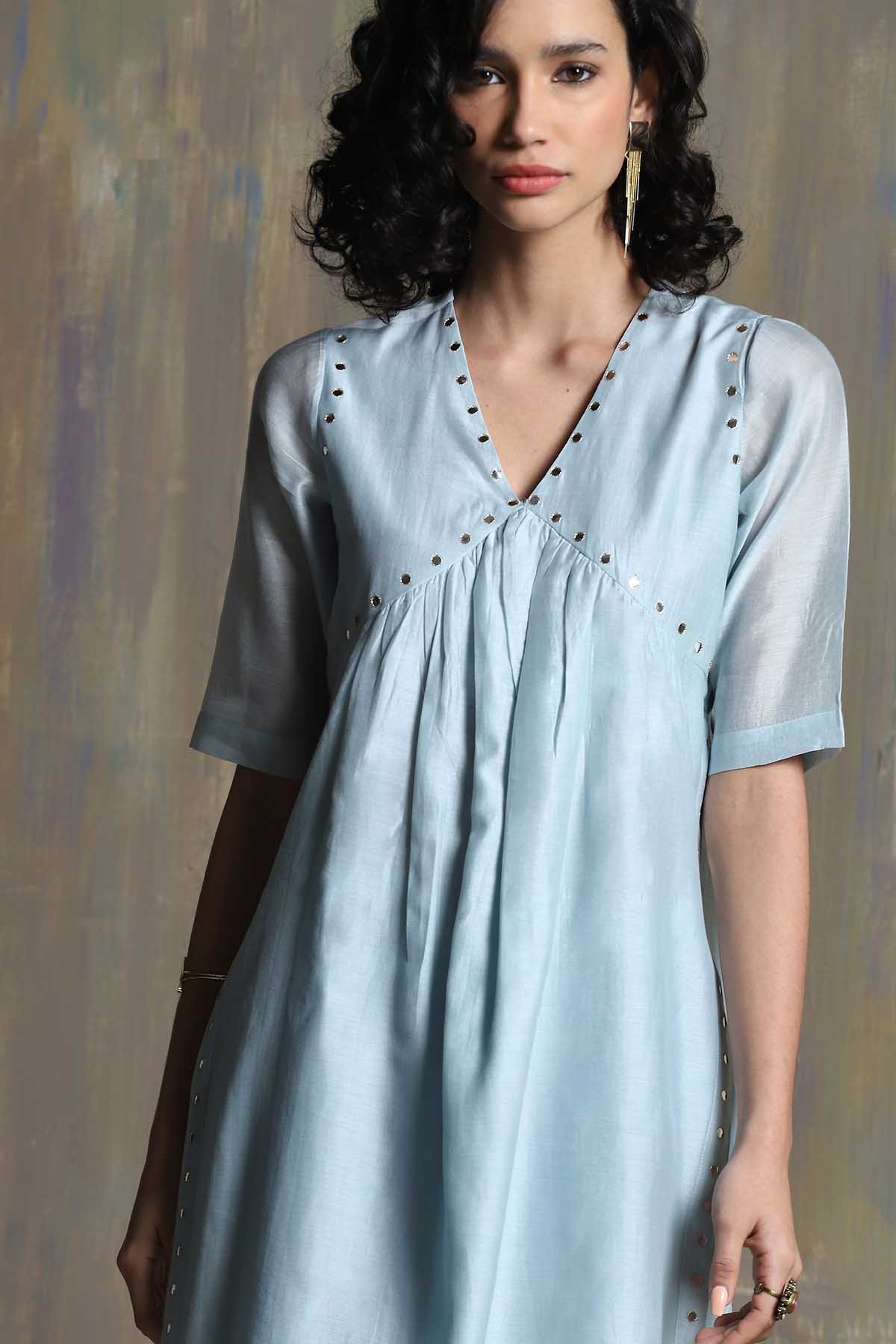 Mirror Work Yoke Blue Kurta Set