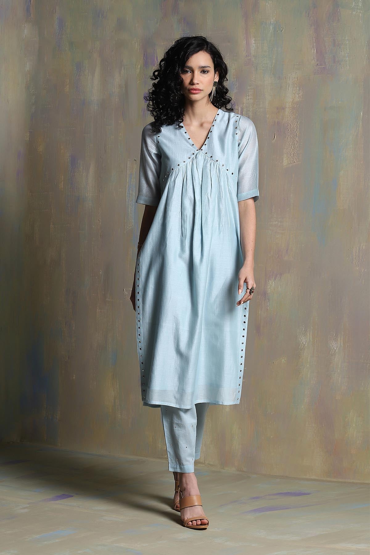Mirror Work Yoke Blue Kurta Set