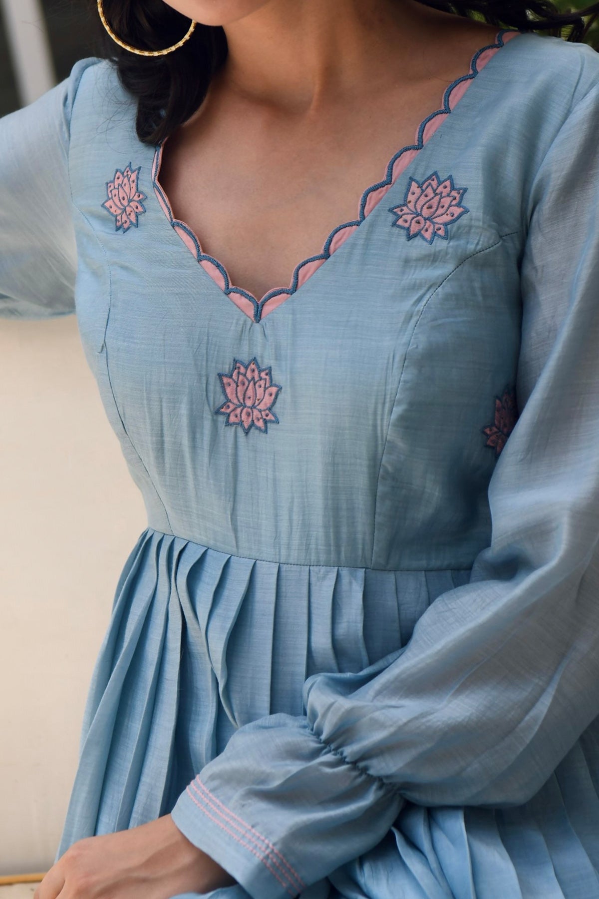Blue Modal Silk Pleated Dress