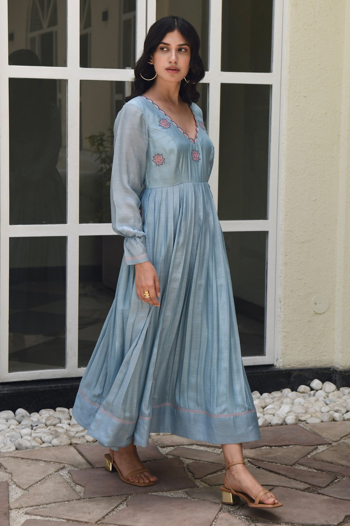 Blue Modal Silk Pleated Dress