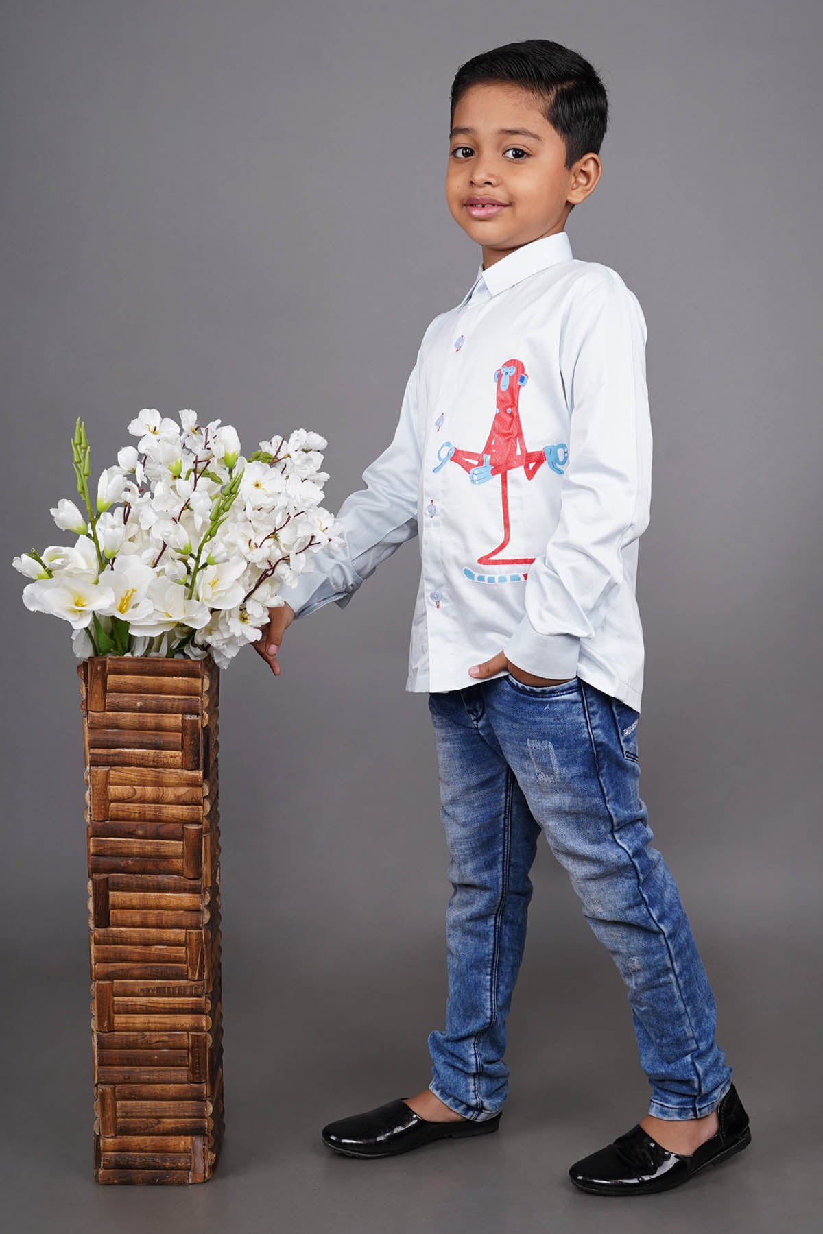 Blue Monkey Embroidered Shirt