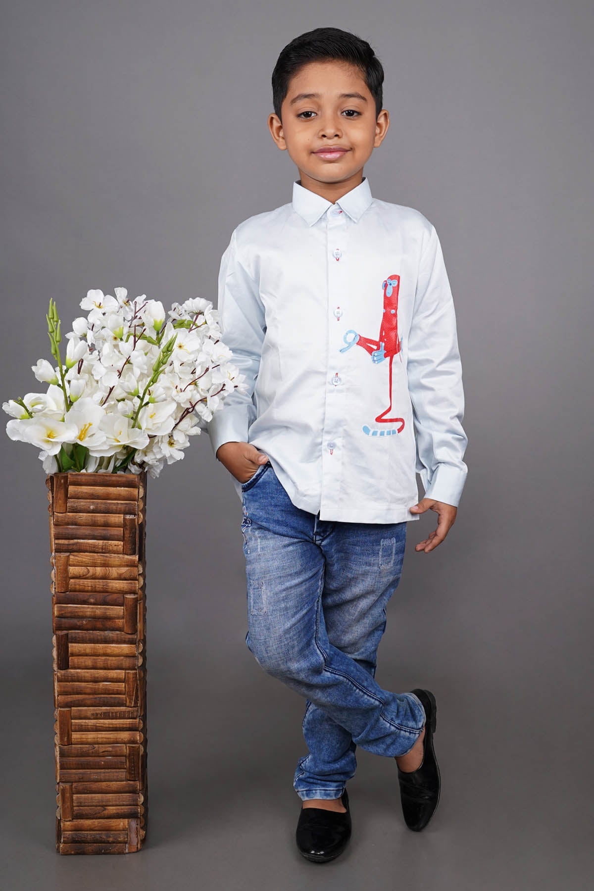 Little Brats Blue Monkey Embroidered Shirt for boy online at ScrollnShops