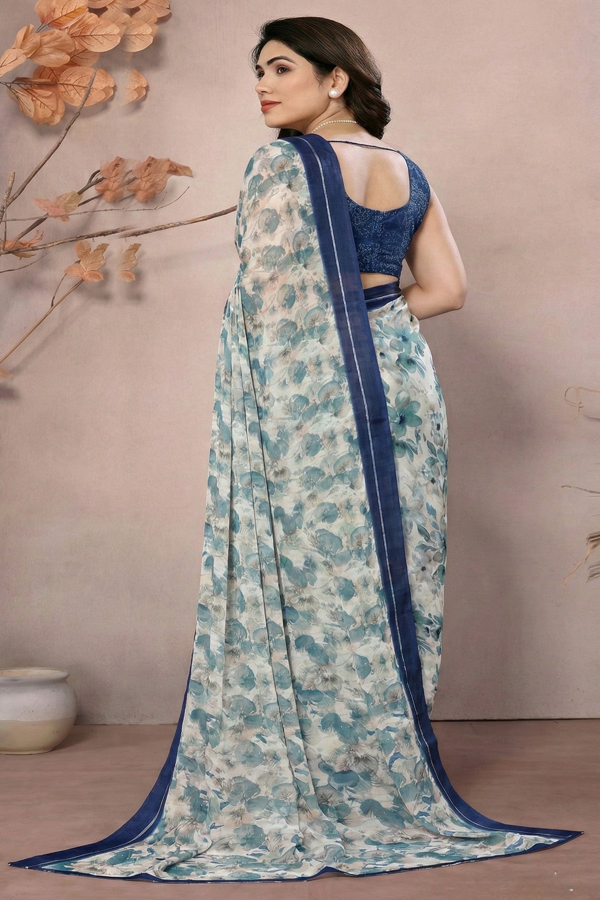 Blue Moss Satin Printed Saree