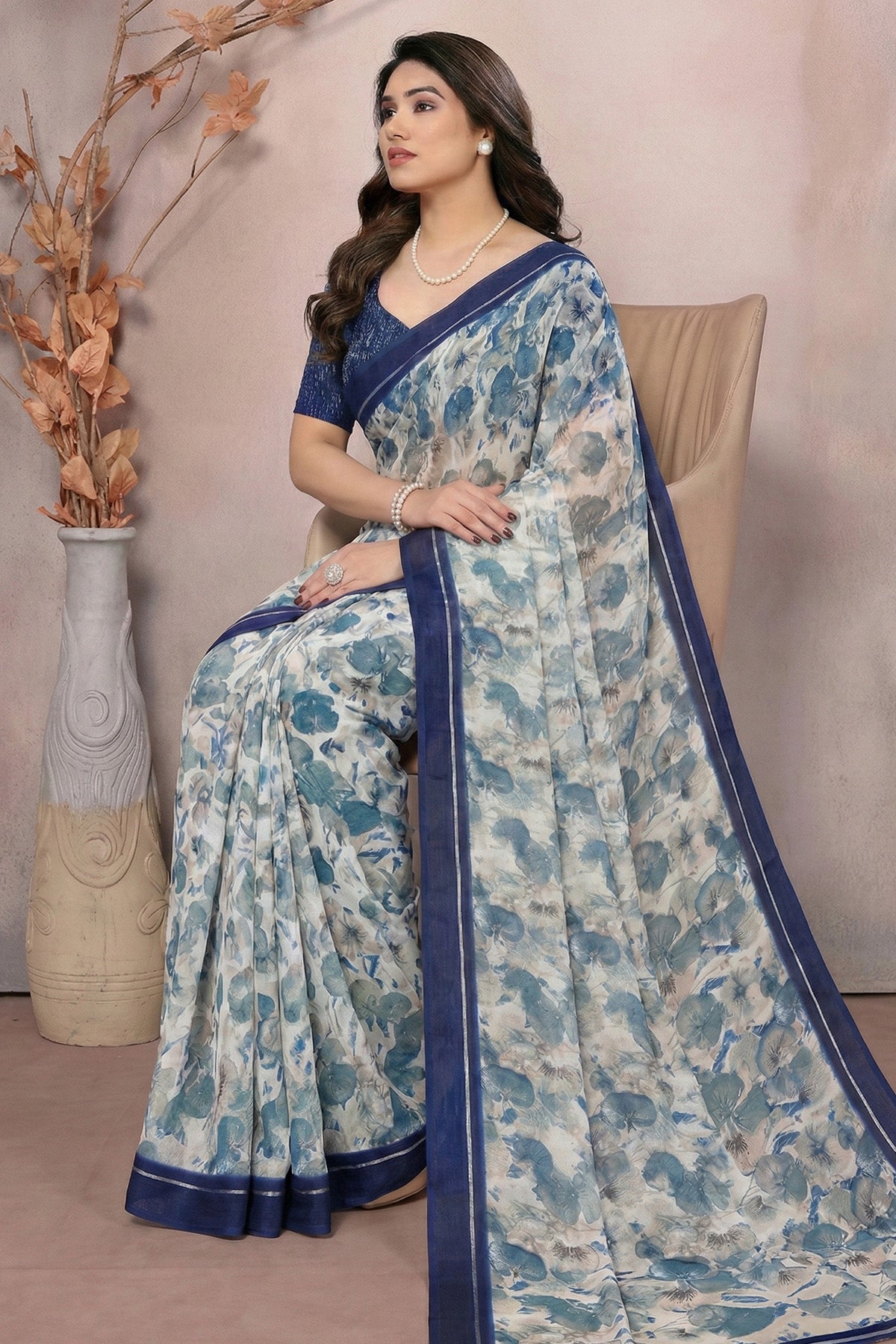 Blue Moss Satin Printed Saree