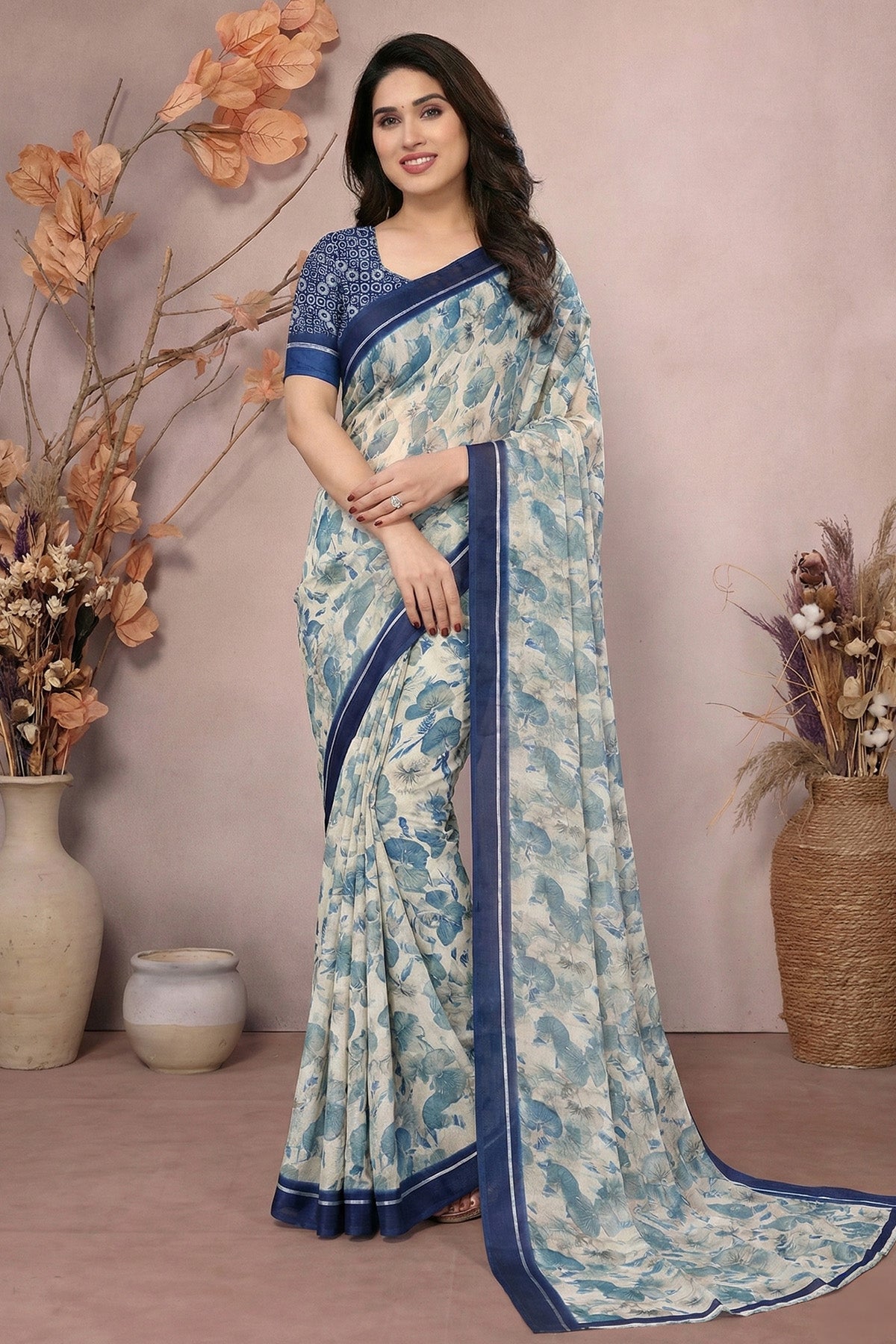 Buy Blue Moss Satin Printed Saree for women by Aastha Fashion online available at scrollnshops