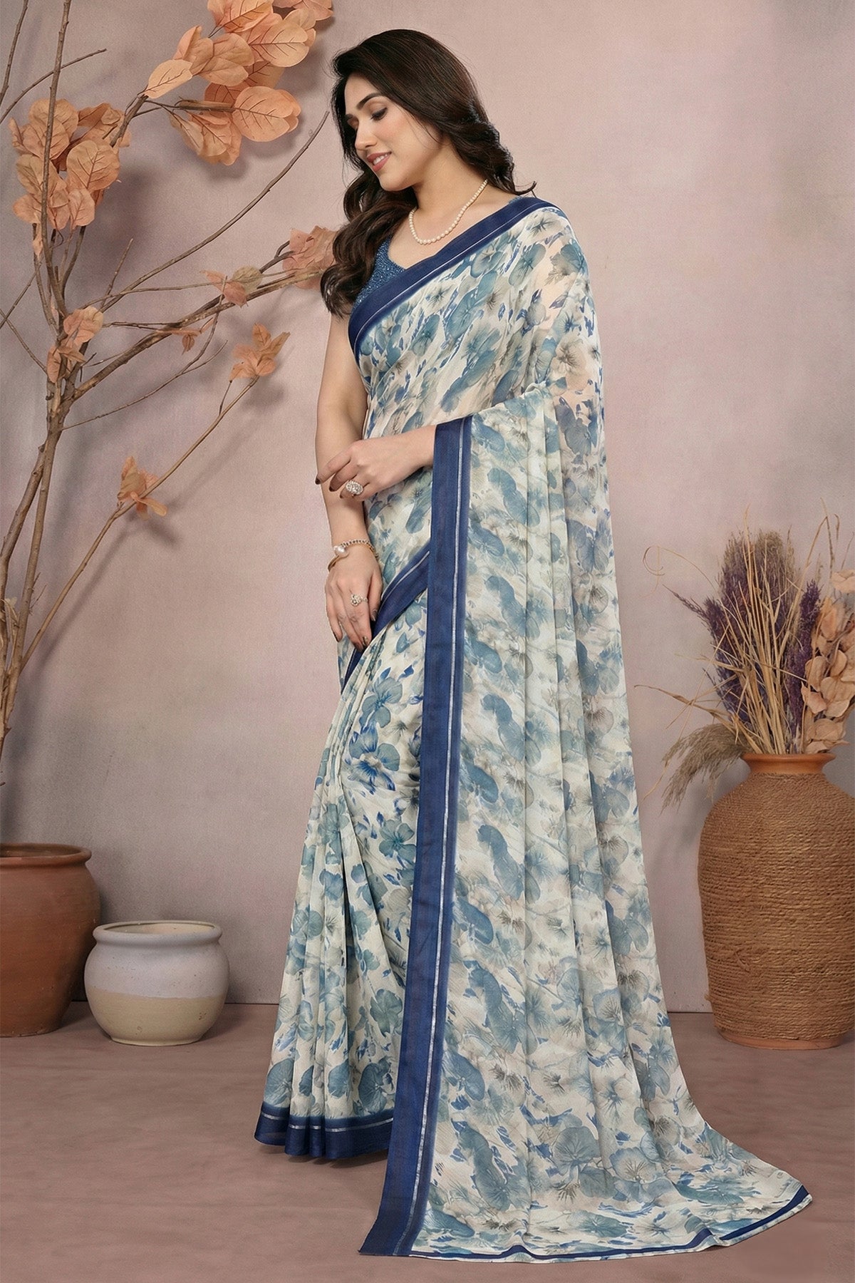 Blue Moss Satin Printed Saree