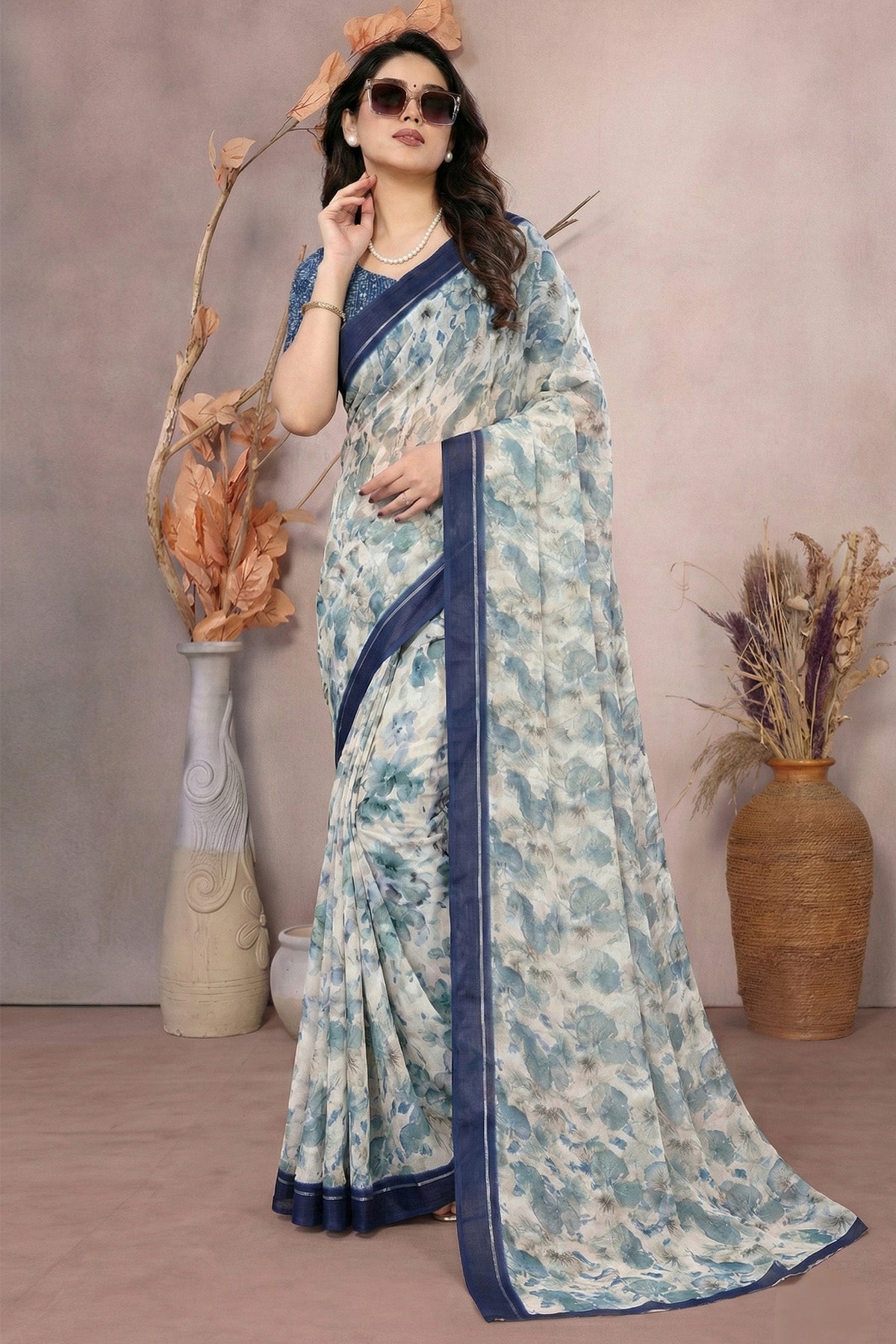 Blue Moss Satin Printed Saree