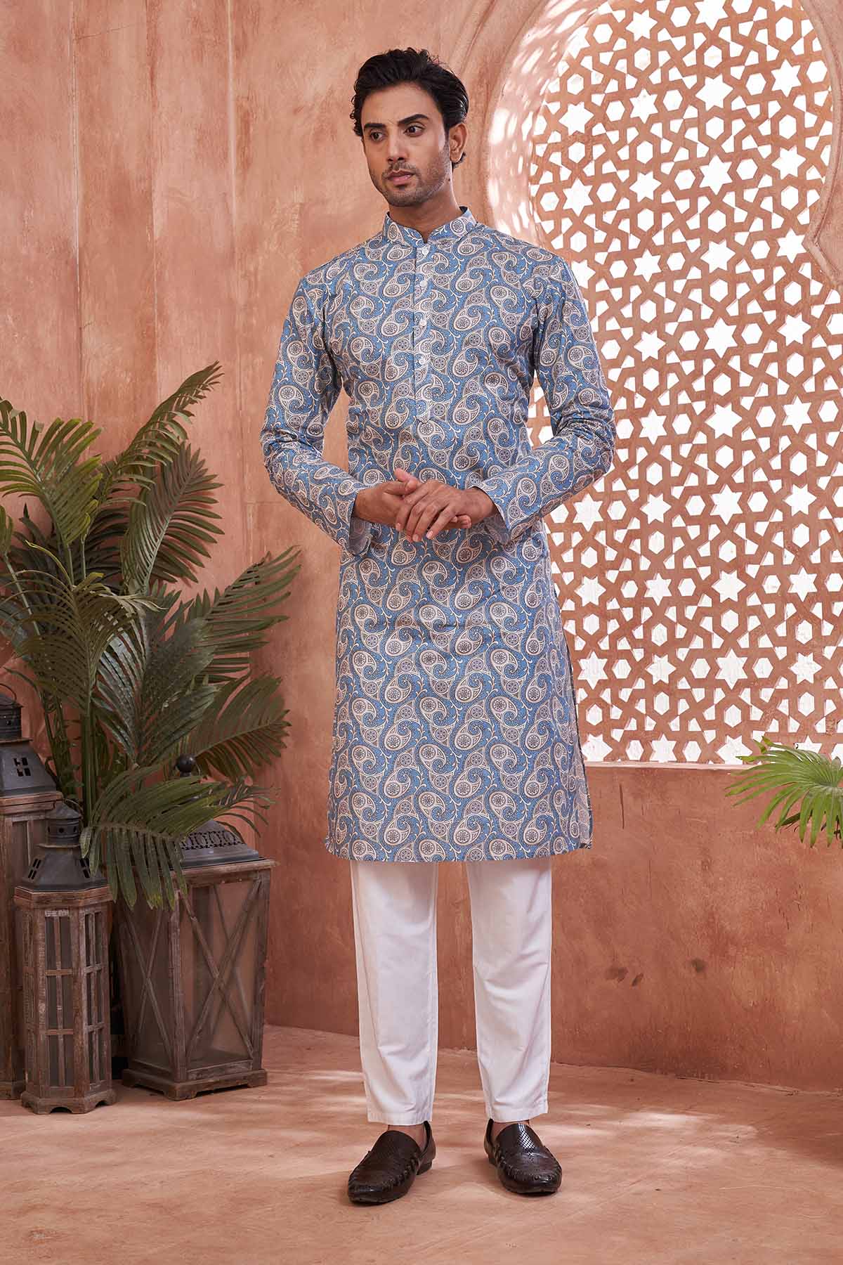 Buy Blue Multi Paisley Print Kurta by SNEHA B - Men for online at ScrollnShops