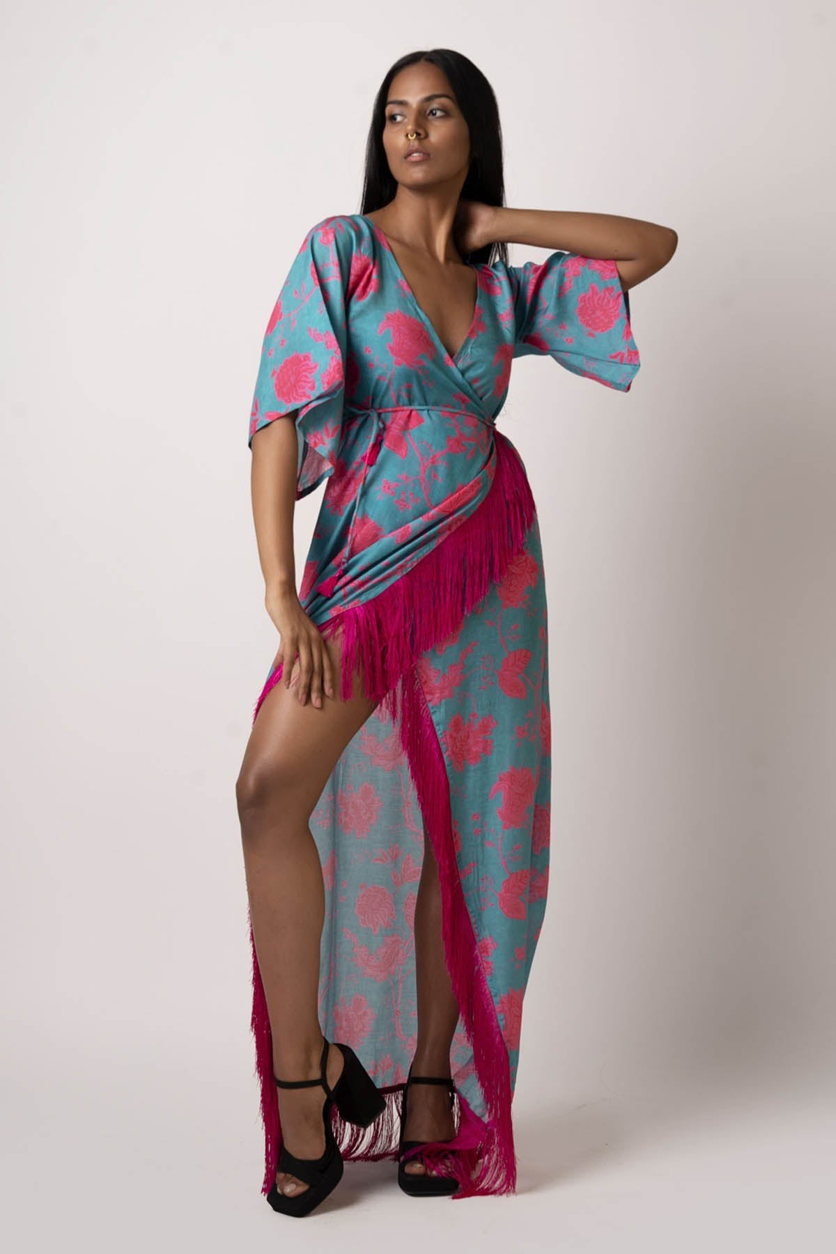 Buy Designer Blue Muslin Floral Wrap Dress for Women Online