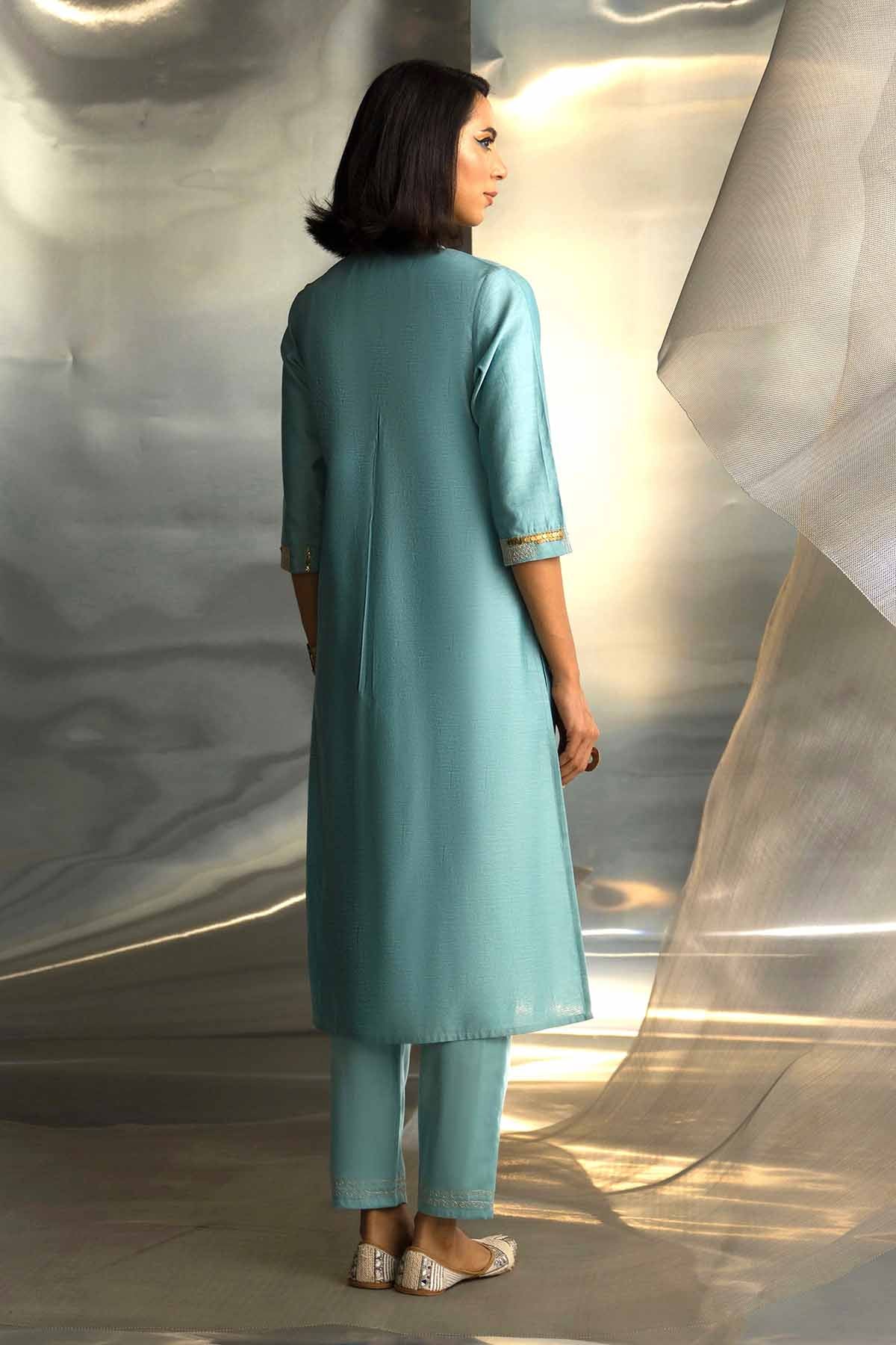Blue Neck Embroidered Kurta Set