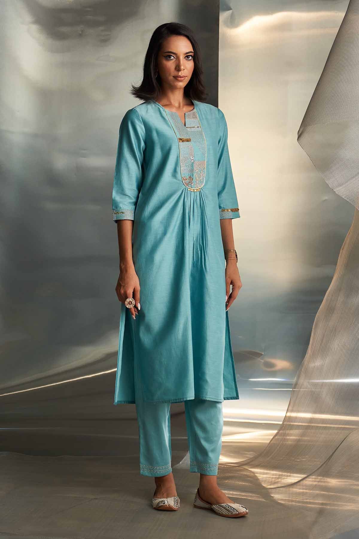 Blue Neck Embroidered Kurta Set