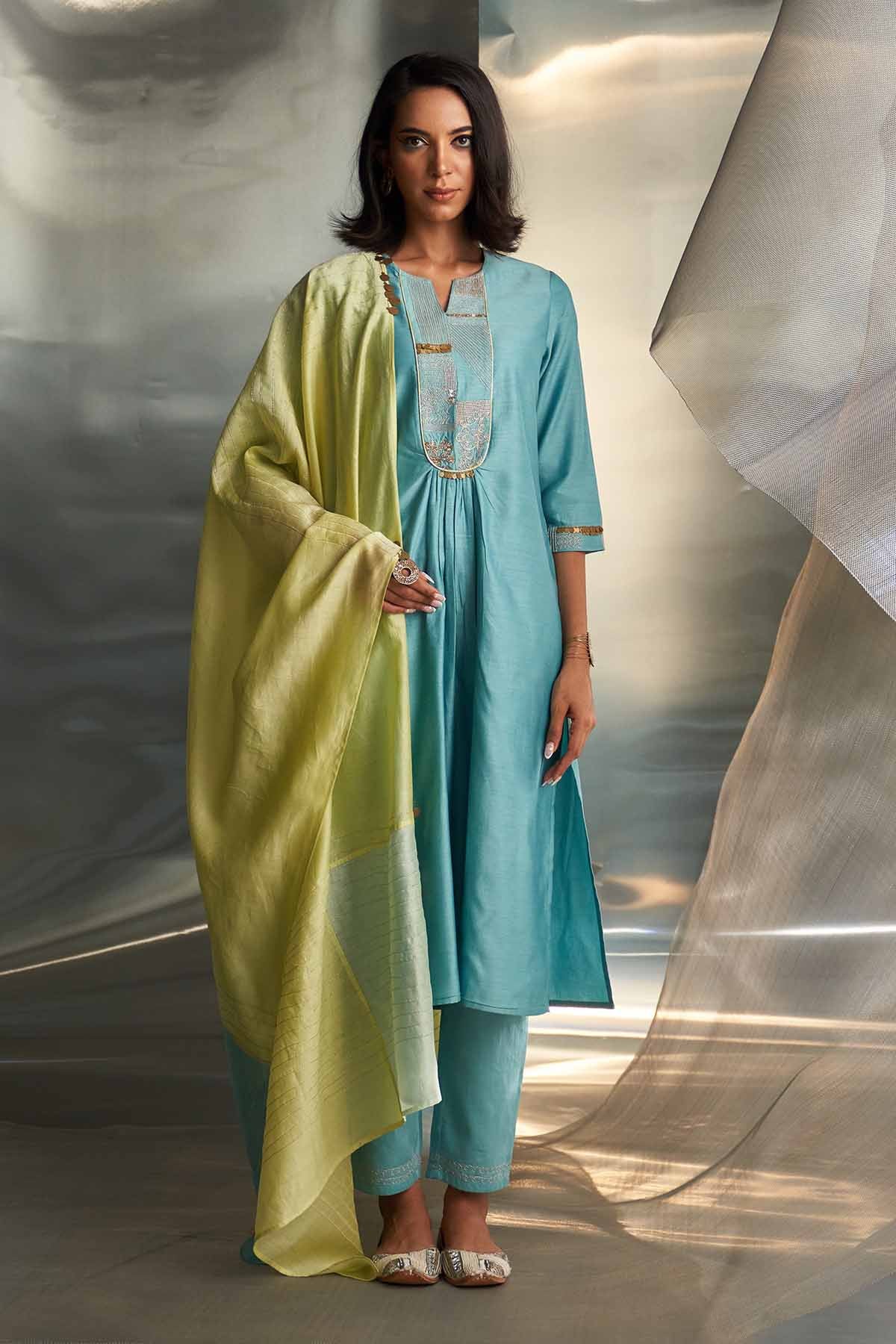 Buy Blue Neck Embroidered Kurta Set Online