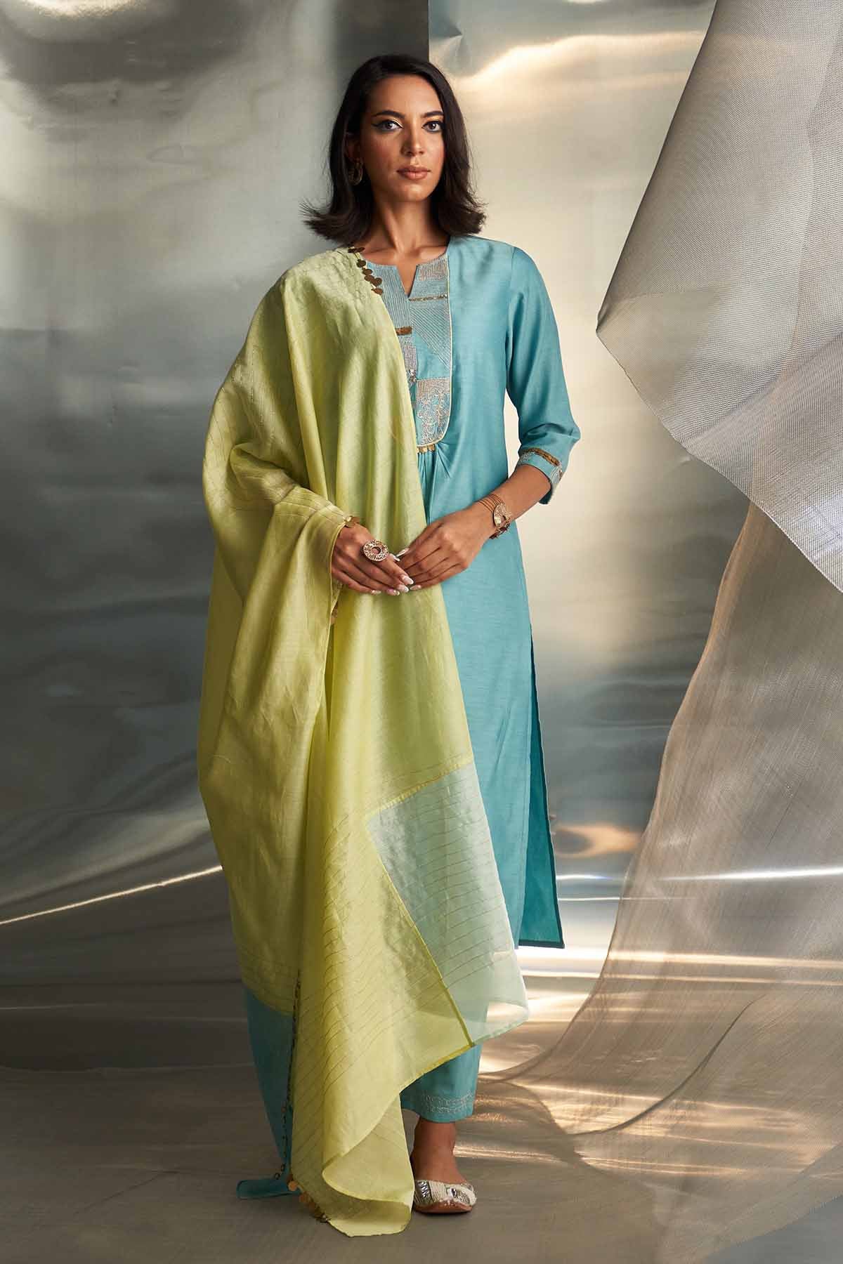 Buy Blue Neck Embroidered Kurta Set by Charkhee Misr for women online at ScrollnShops