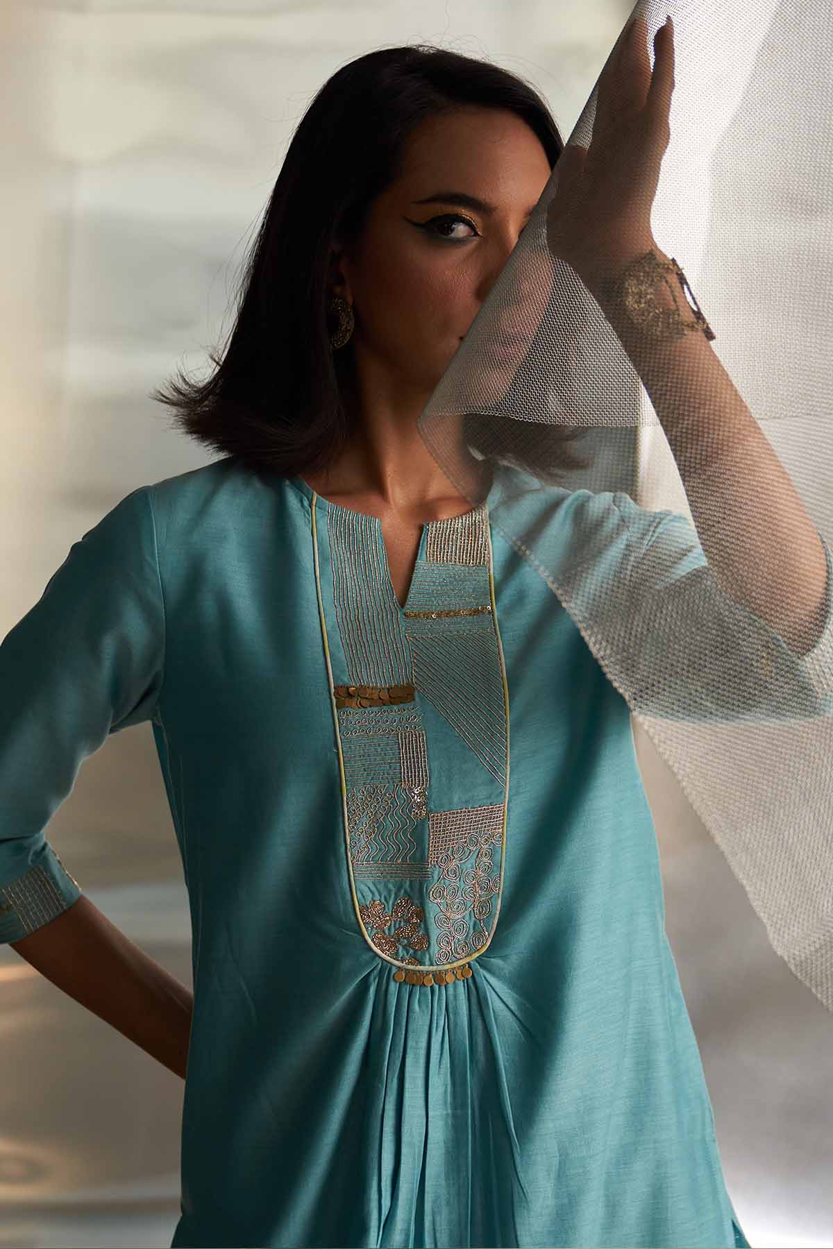 Blue Neck Embroidered Kurta Set