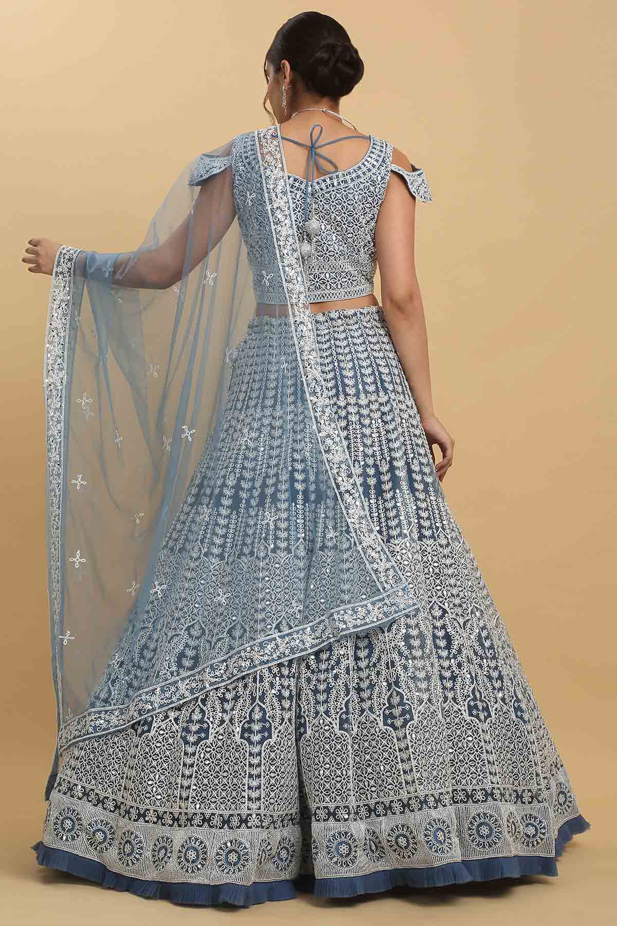 Blue Net Embroidered Lehenga Set