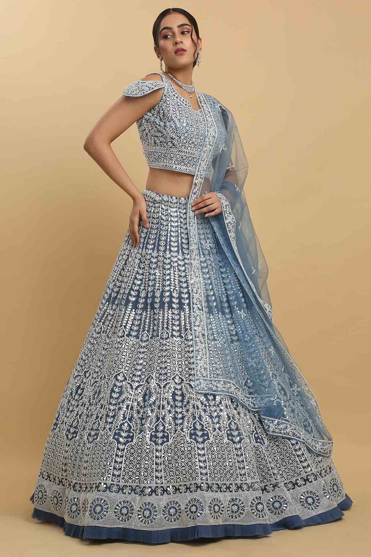 Blue Net Embroidered Lehenga Set