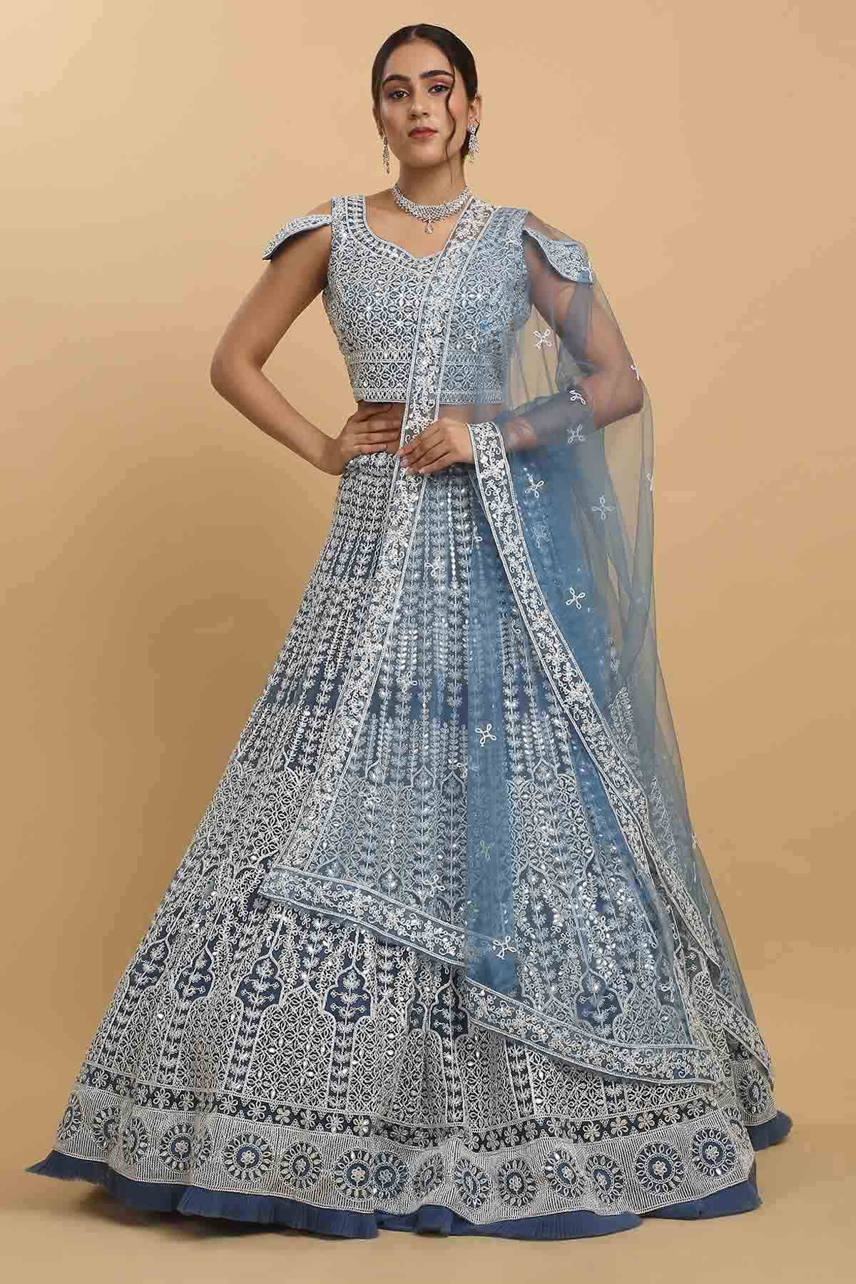 Aham Vayam Blue Net Embroidered Lehenga Set for women online at ScrollnShops