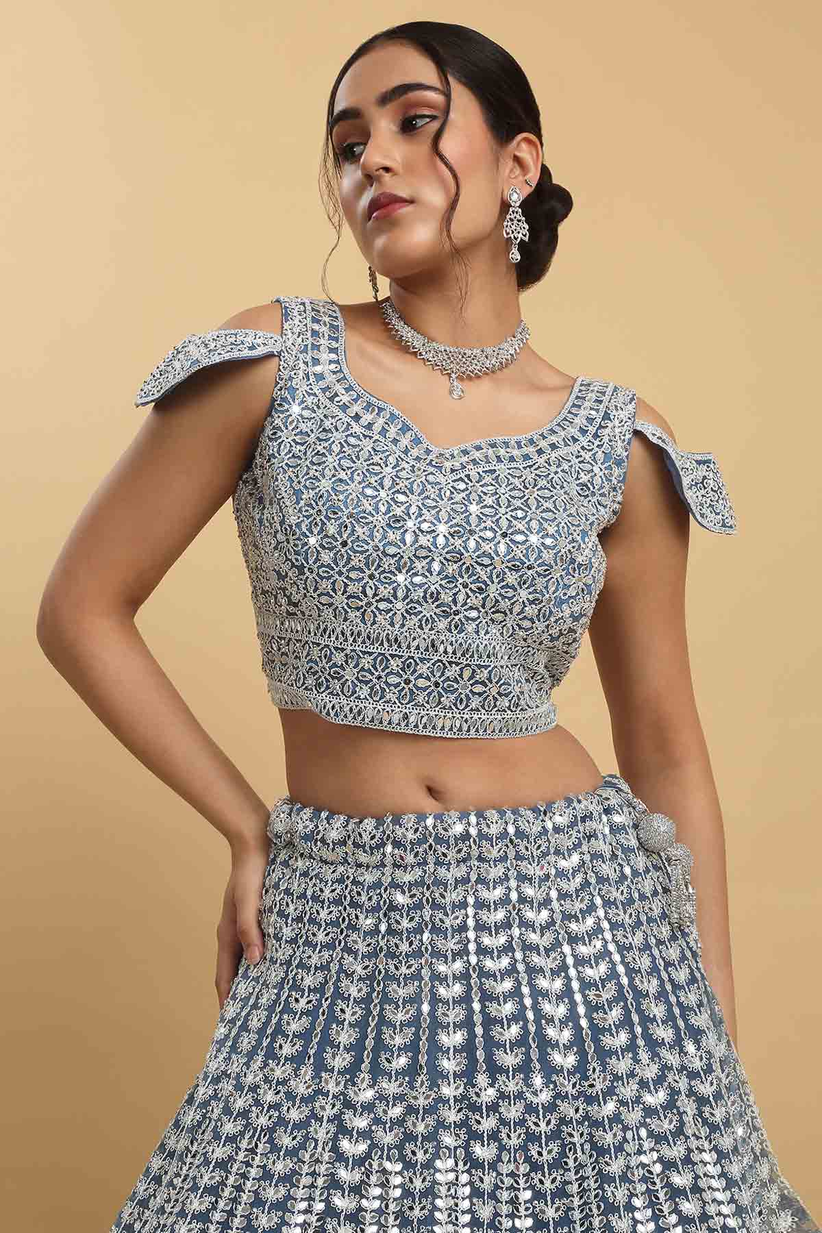 Blue Net Embroidered Lehenga Set