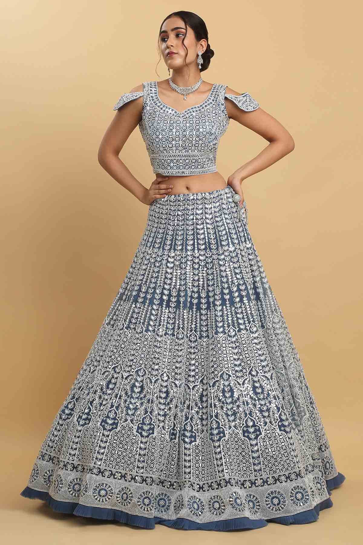 Blue Net Embroidered Lehenga Set