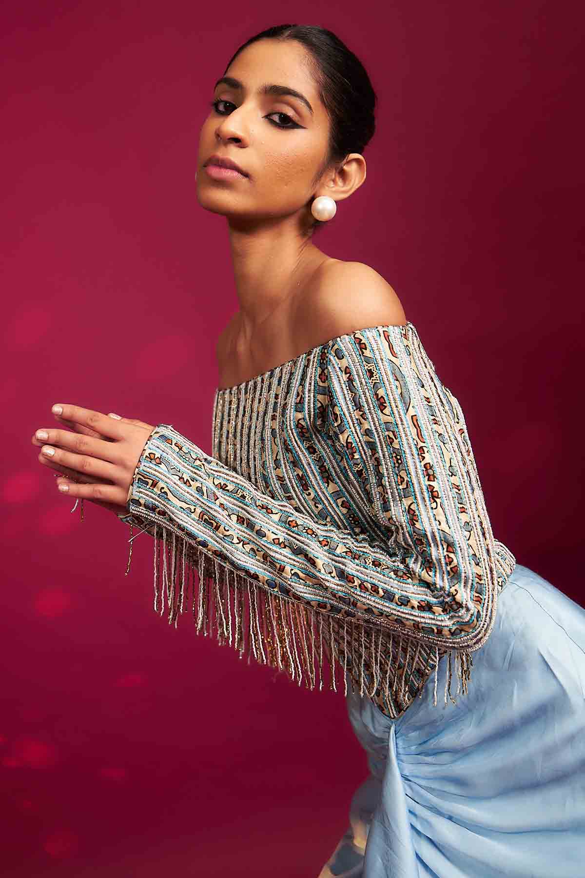 Blue Off-Shoulder Drape Dress