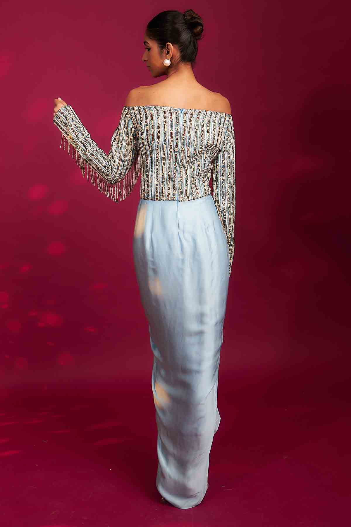 Blue Off-Shoulder Drape Dress