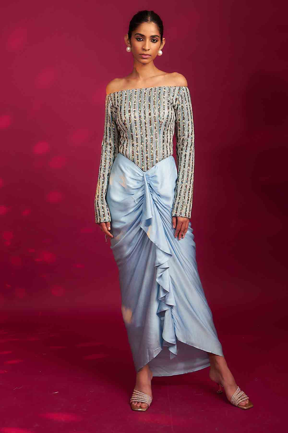 Blue Off-Shoulder Drape Dress