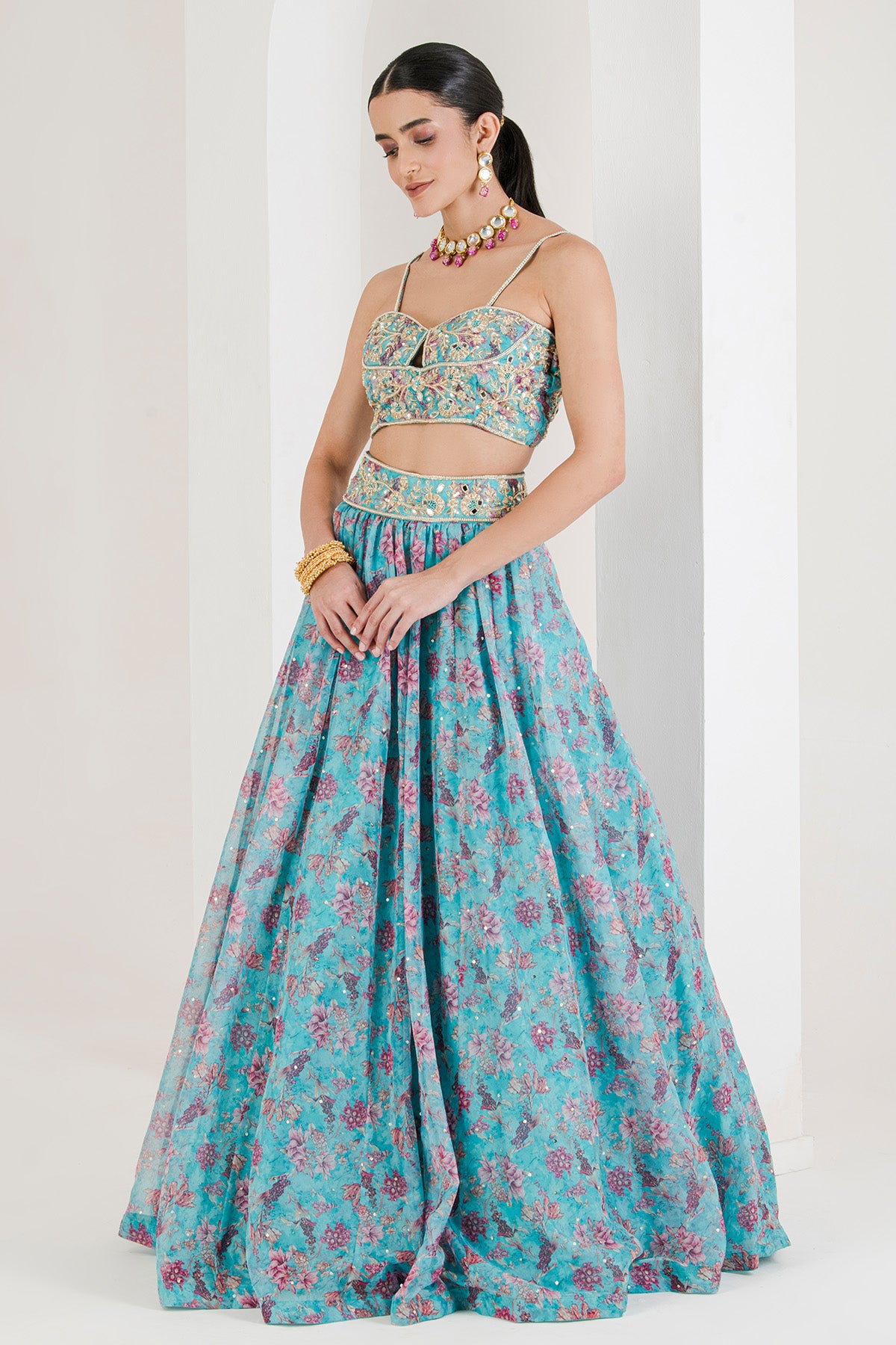 Blue Off-Shoulder Lehenga Set
