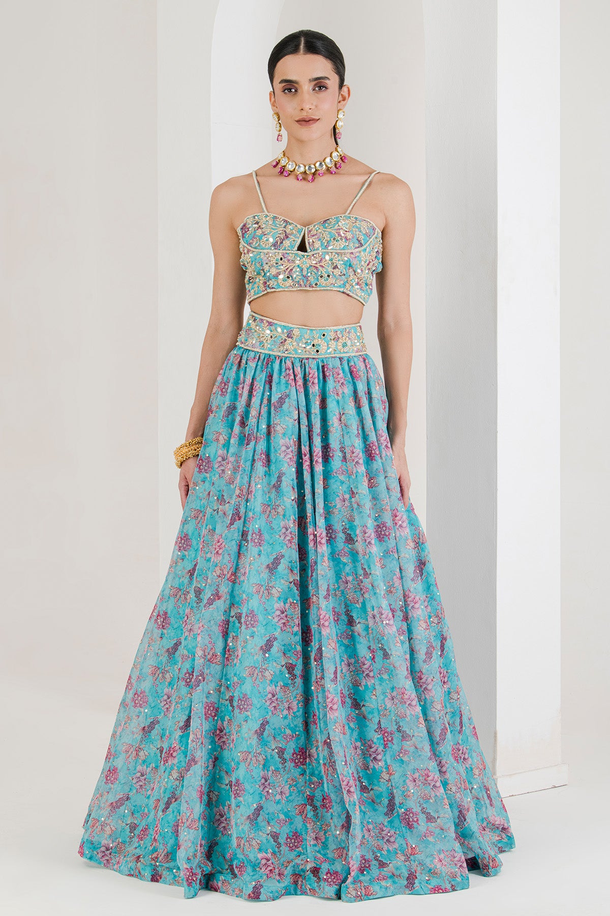 Blue Off-Shoulder Lehenga Set