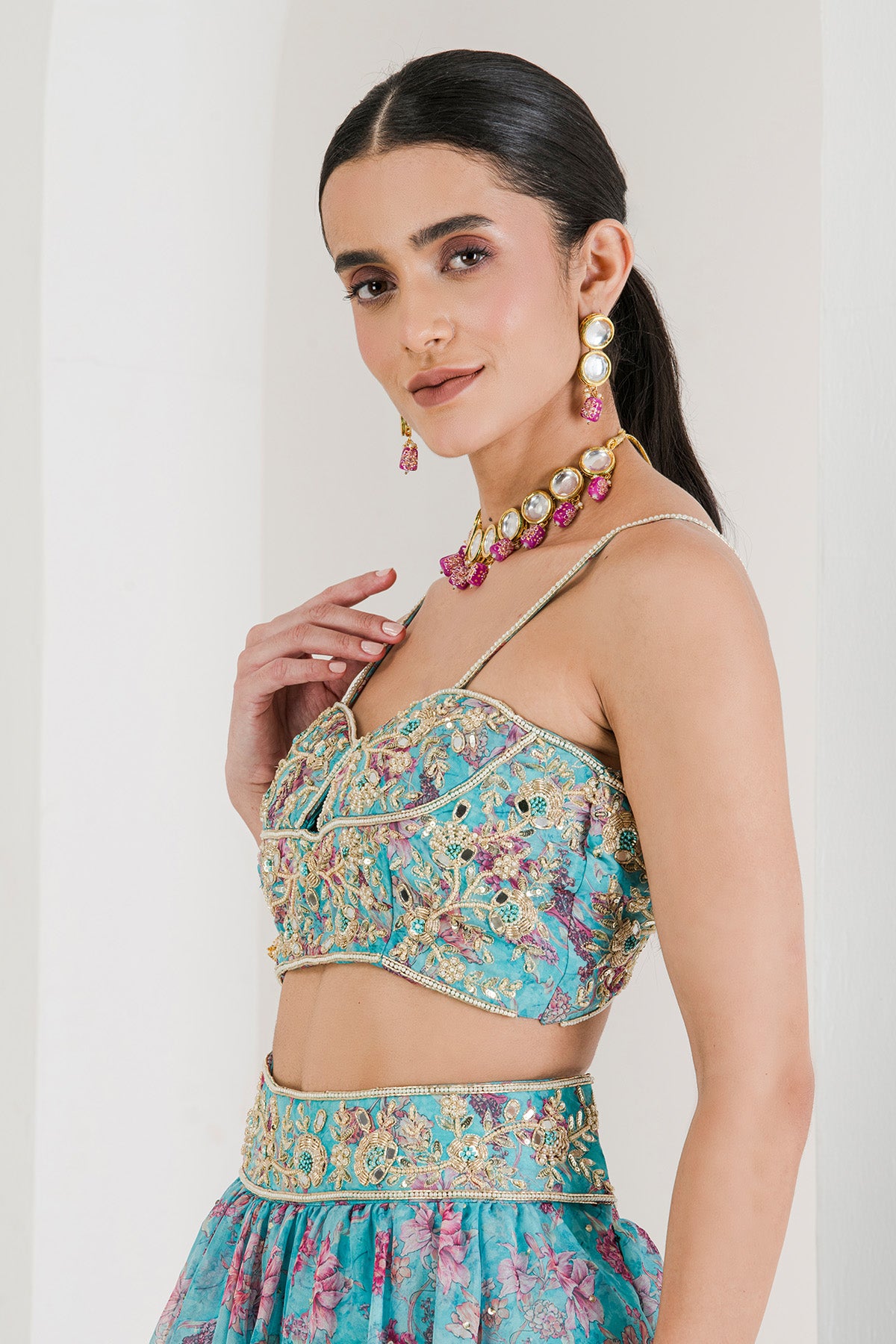 Blue Off-Shoulder Lehenga Set