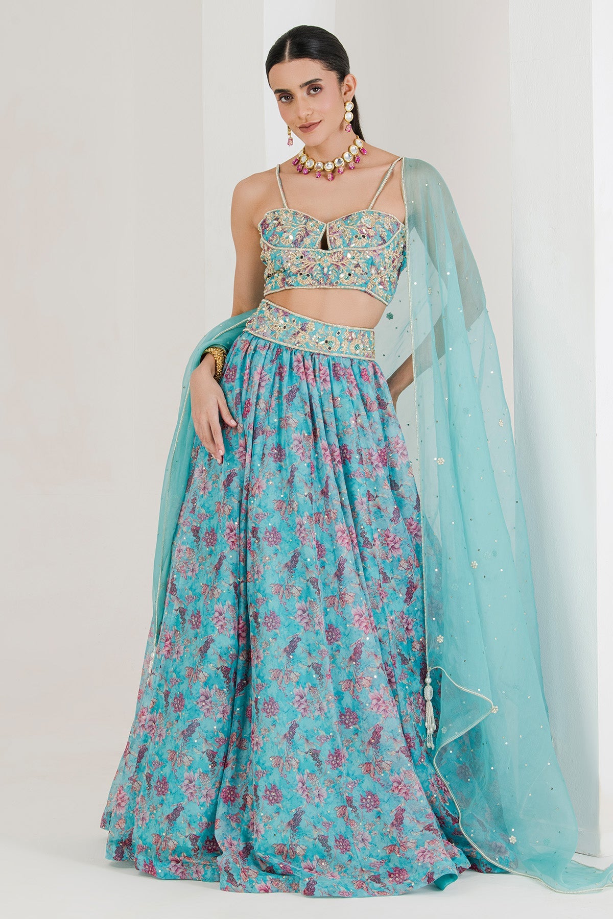 Buy Blue Off-Shoulder lehenga Set by The Maive for women online at ScrollnShops