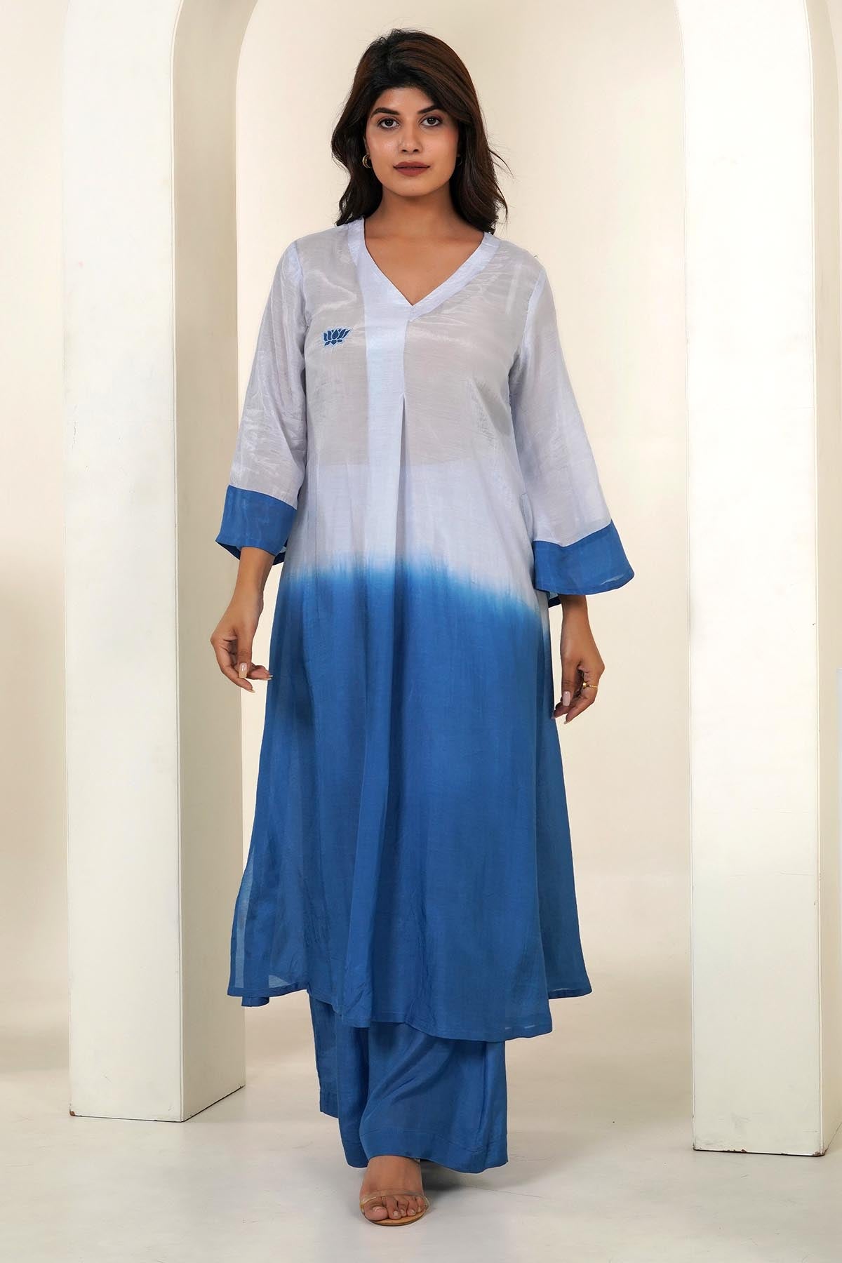 Imrie Blue Ombre V-Neck Kurta & Pants for women online at ScrollnShops