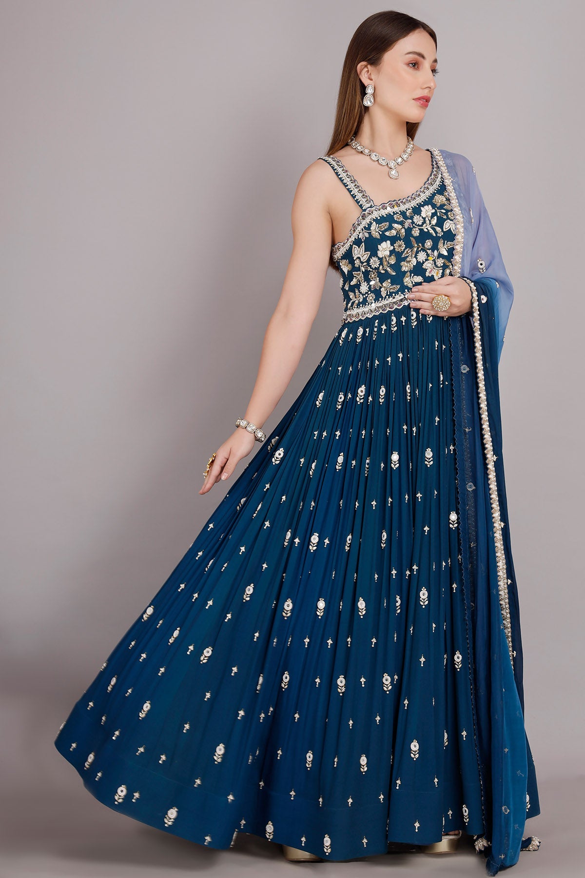 Buy Blue One-Shoulder Anarkali Set by Harshita Dhanawat for women online at ScrollnShops