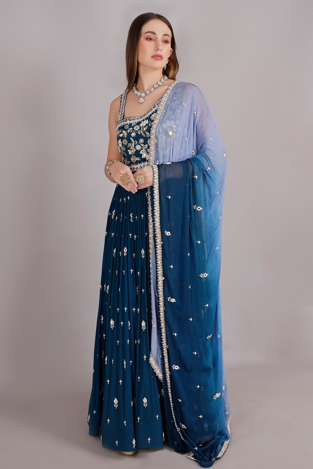 Blue One-Shoulder Anarkali Set