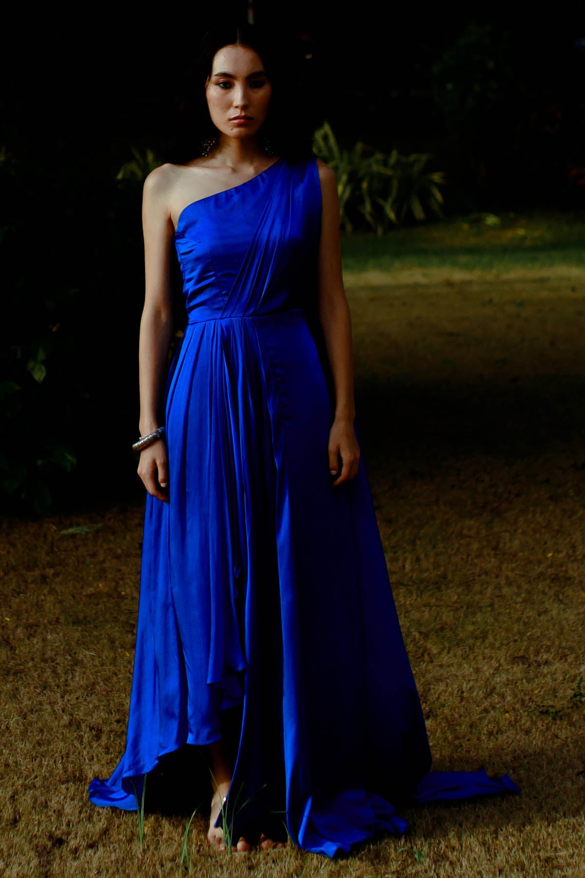 Pavone Blue One-Shoulder Draped Gown for women online at ScrollnShops